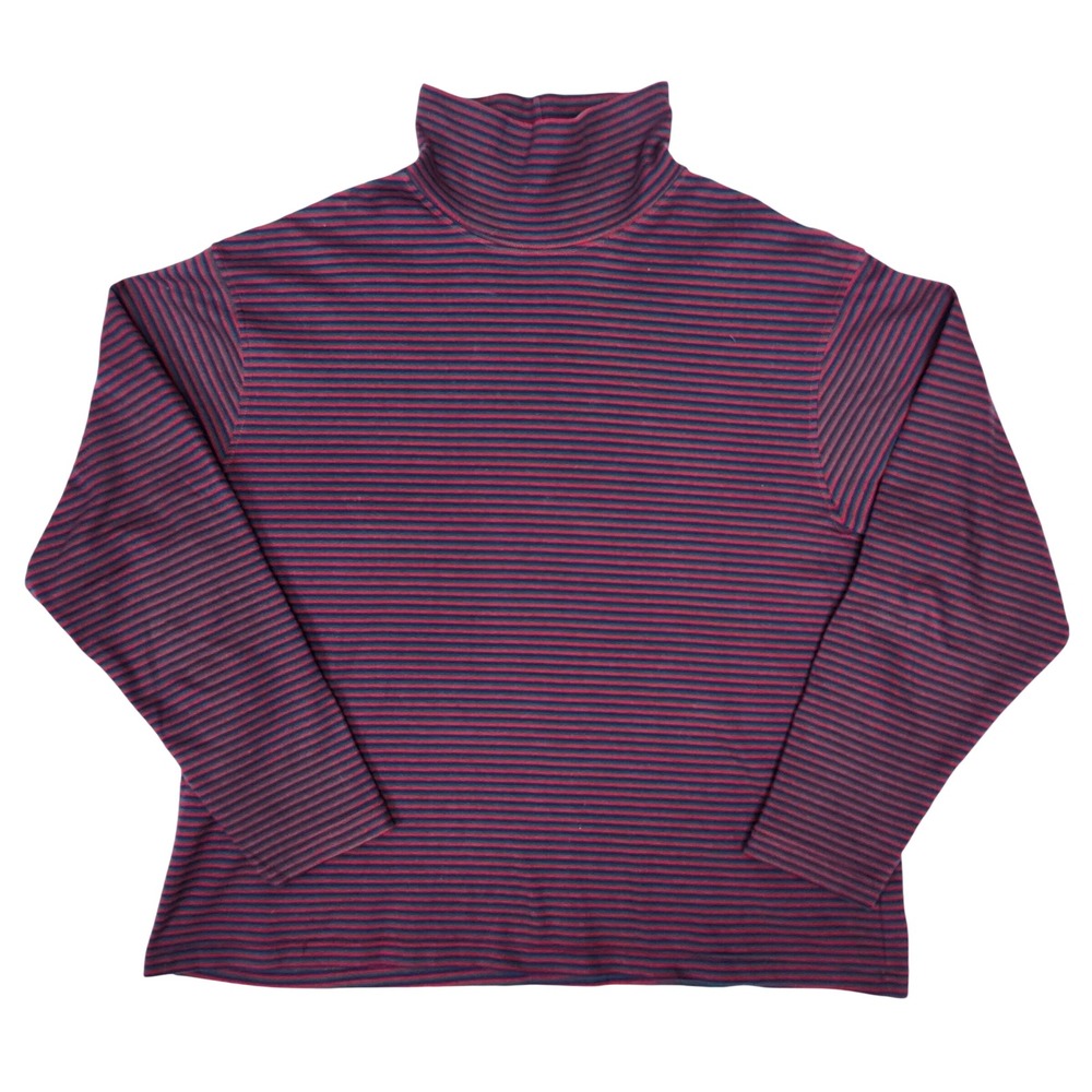 Vintage Lands End Turtleneck Striped Shirt Red Green Cotton 90s Preppy XL